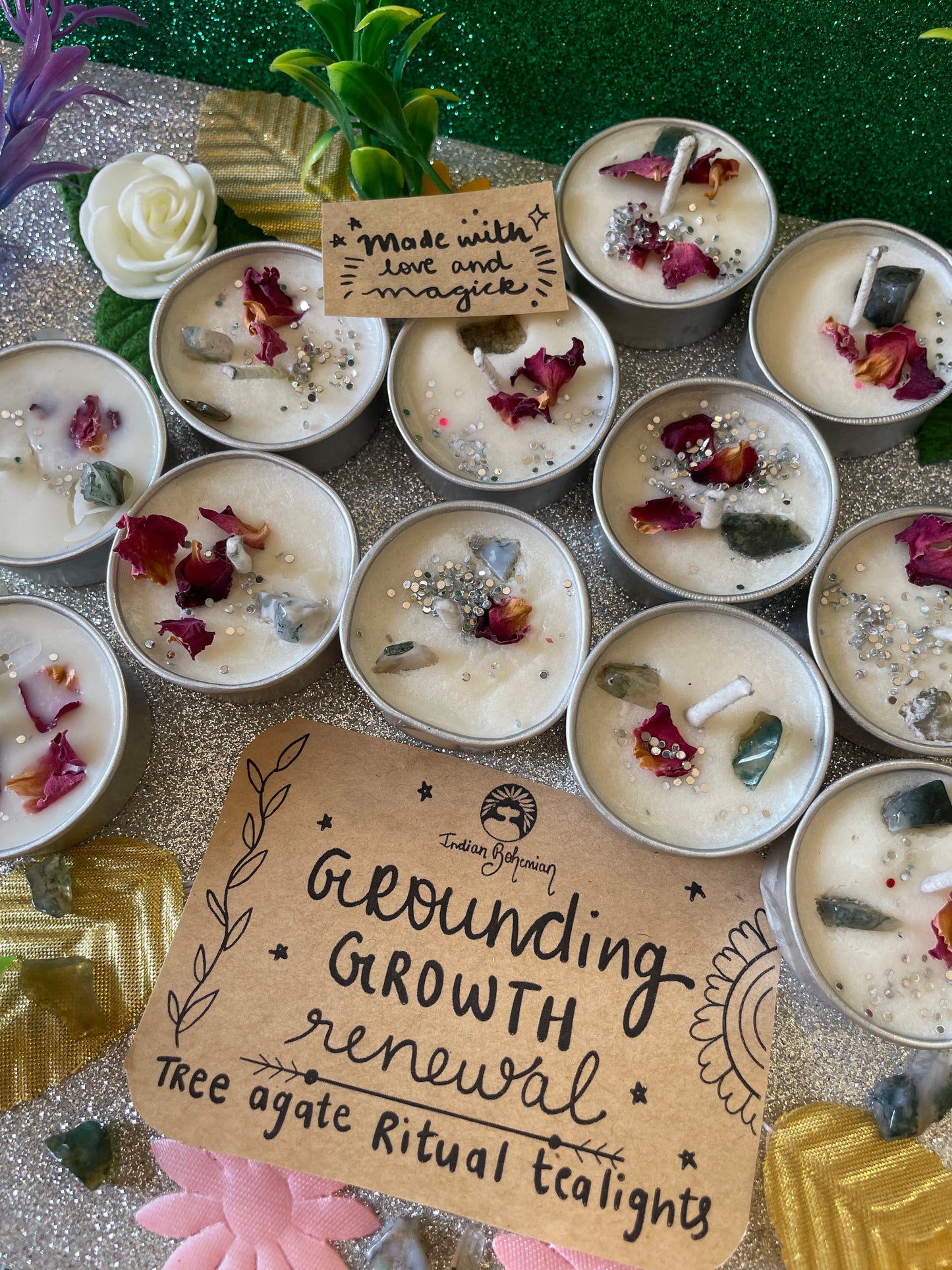 Grounding | Growth | Renewal - Ritual Tea-light Candles - Set of 25pcs - Tree Agate Crystal