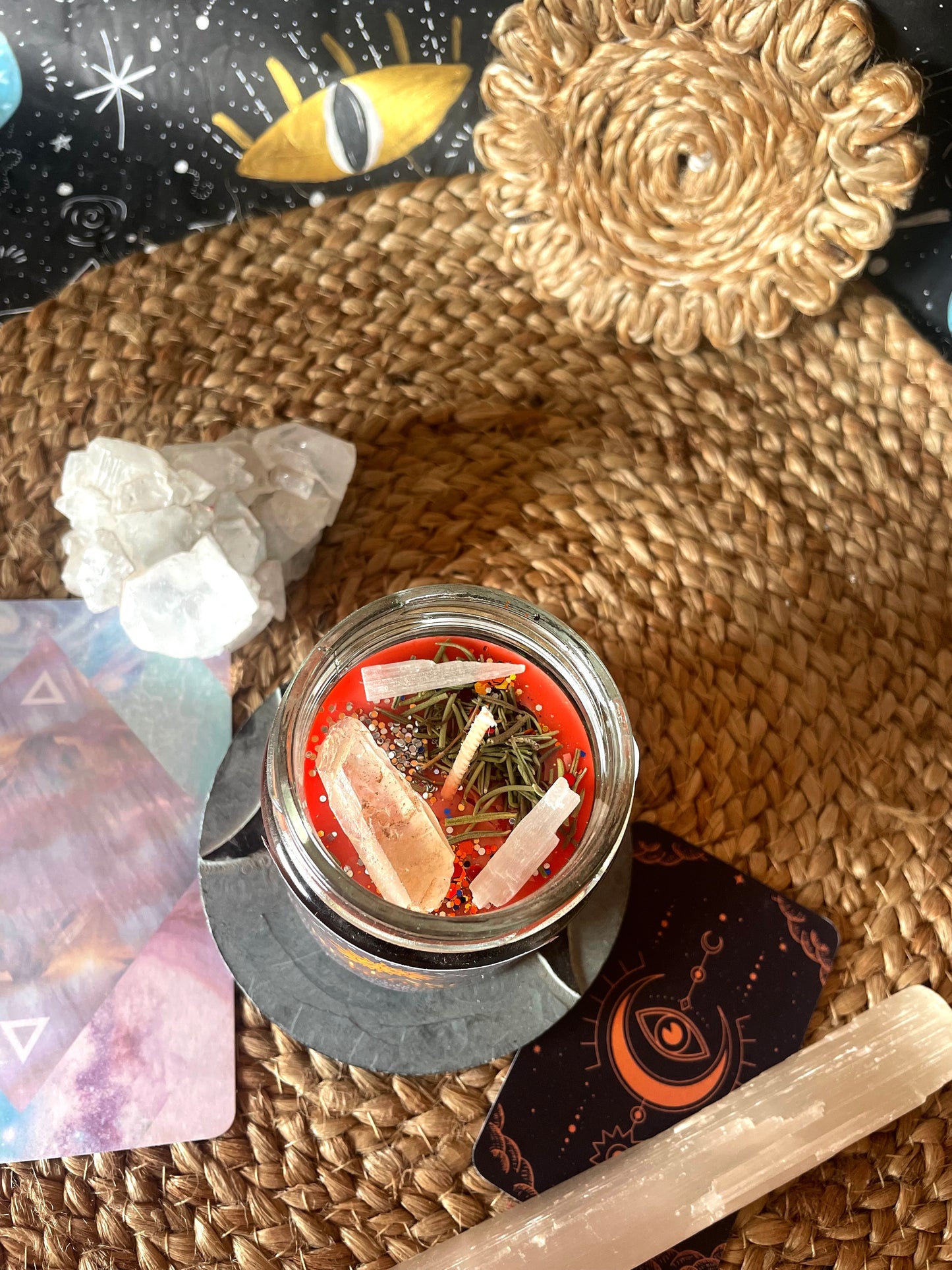 Release & Reset Energies | For Mind & Spirit - Ritual Jar Candle - Selenite & Clear Quartz pointer