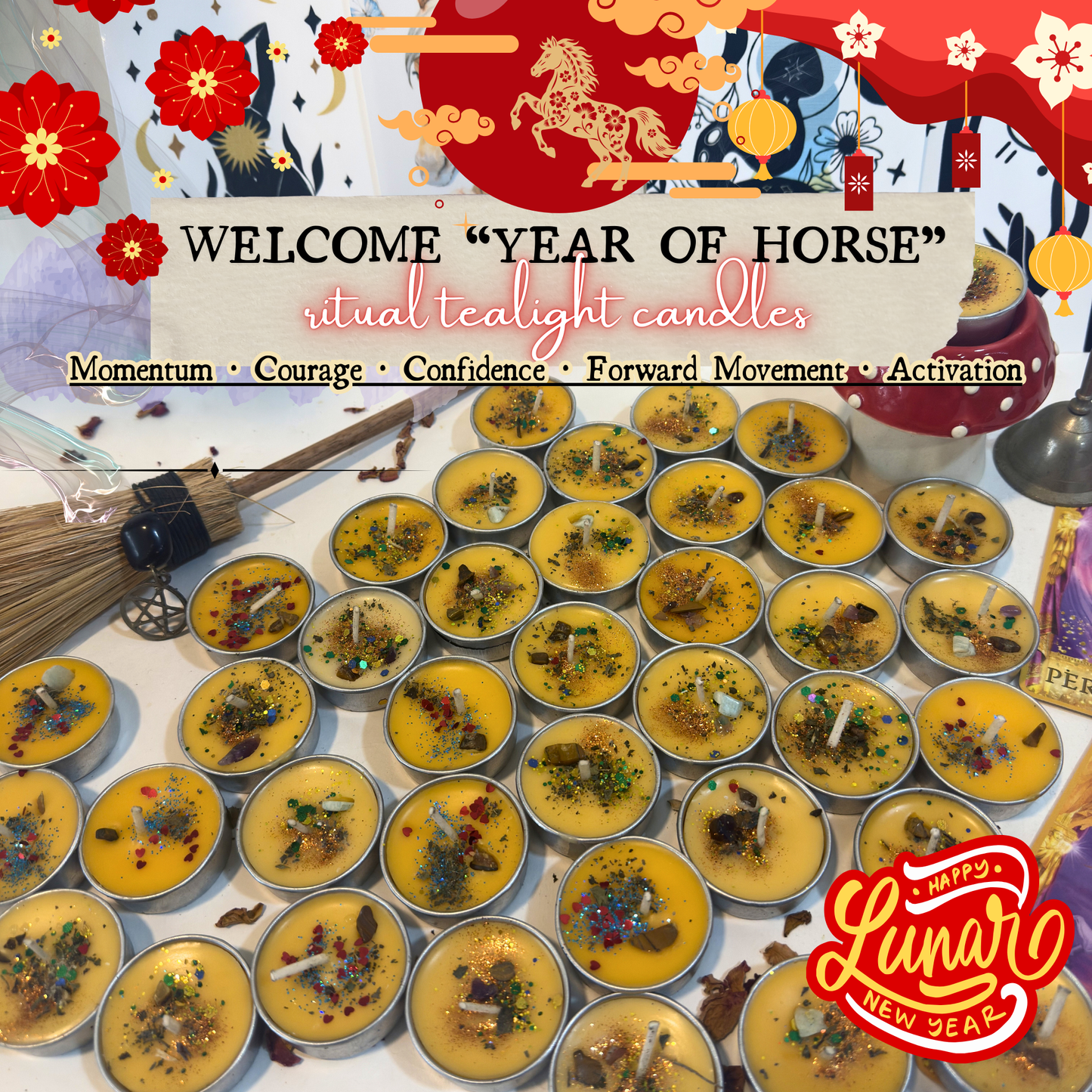 "Year of Horse" - Lunar New Year Blessings - Ritual tealight candles for Momentum, Courage, Confidence, Release & Manifestation